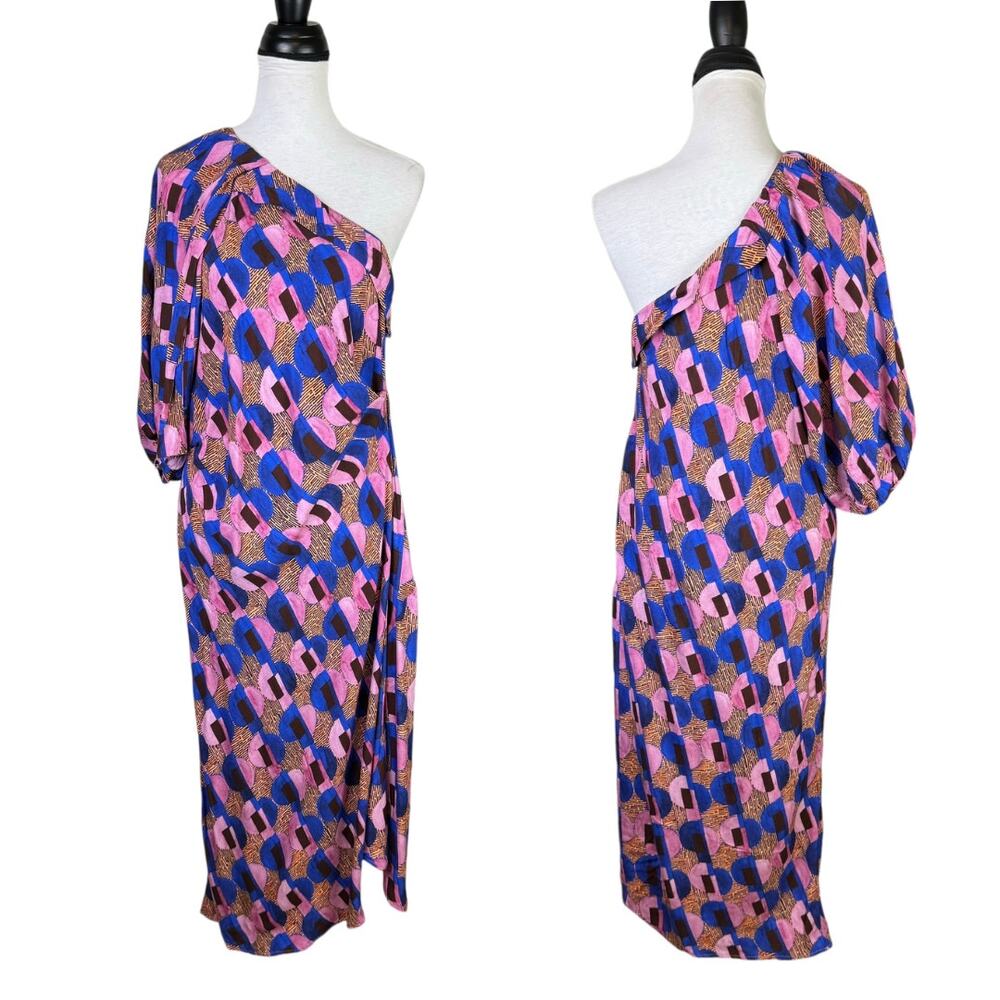 Zara One-Shoulder Midi Dress in Pink, Blue and Black Geo Print